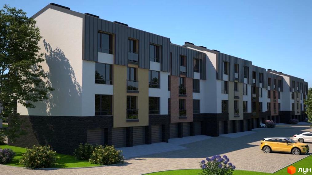 Зовнішній вигляд новобудови Троянда на Граніті з фасадами різних кольорів та прибудинковою територією з зеленими насадженнями та автомобілями.
