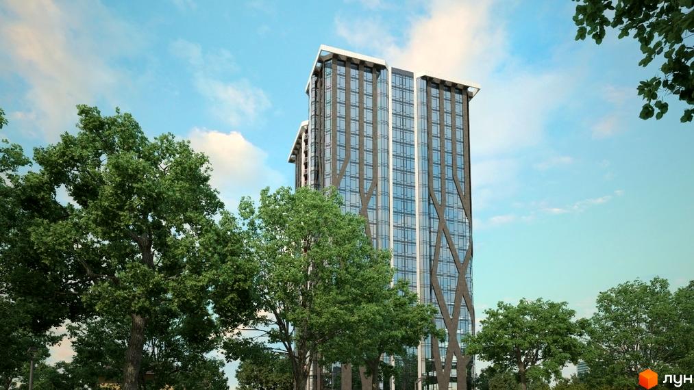 Житловий комплекс Sherwood - сучасна висотна будівля з панорамним склінням та оригінальним фасадом, оточена зеленню дерев.