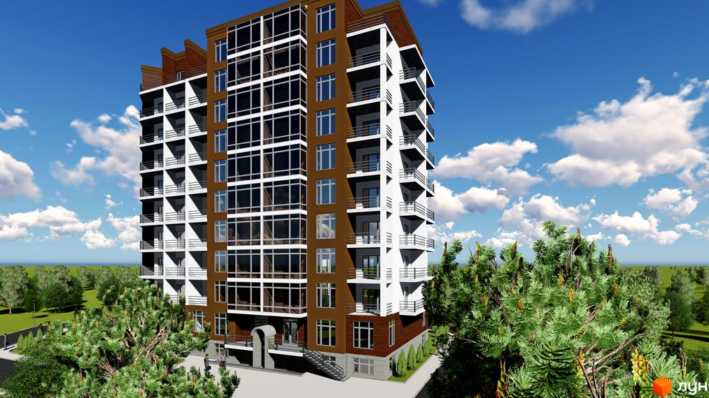 Зовнішній вигляд новобудови на вул. Шухевича, 8 з великою кількістю скління та балконами. Навколо будинку зелена прибудинкова територія з деревами та хмарне небо.