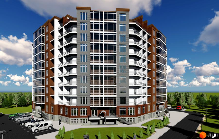 Зовнішній вигляд будинку на вул. Шухевича, 8, з багаторівневими балконами та великими вікнами. На прибудинковій території розташовані парковка та зелені насадження.