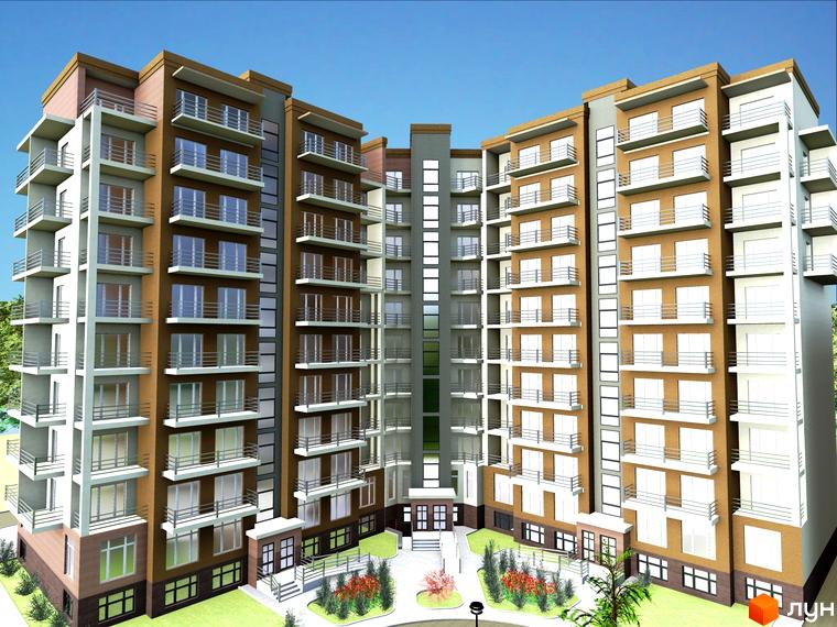 Зовнішній вигляд житлового комплексу на вул. Шухевича, 8, з коричневими та сірими фасадами, численними балконами та зеленим подвір'ям. Новобудова з сучасним дизайном.