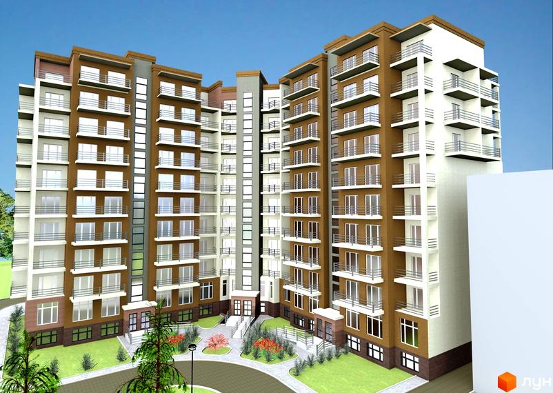 Будівельний проєкт на вул. Шухевича, 8: багатоповерховий будинок з коричневими та білими фасадами, балконами та зеленим подвір'ям. Навколо будинку облаштована прибудинкова територія з доріжками та рослинністю.