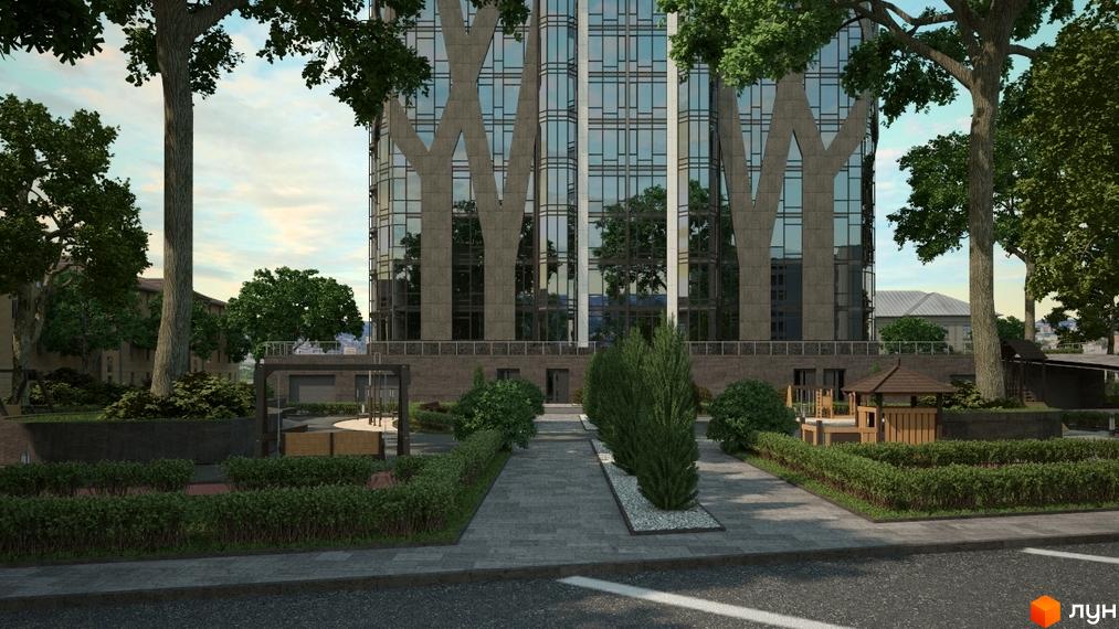 Новобудова Sherwood з оригінальним фасадом у вигляді дерев. На прибудинковій території облаштований дитячий майданчик та зелені зони для відпочинку.