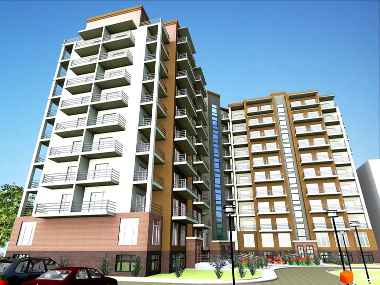 Зовнішній вигляд житлового комплексу на вул. Шухевича, 8, з білими та коричневими фасадами, численними балконами та прибудинковою територією з деревами та ліхтарями.