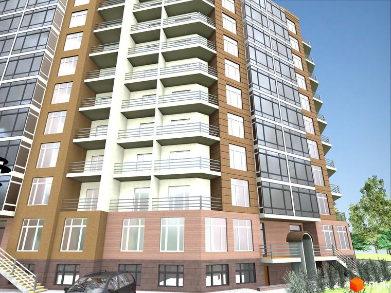 Зовнішній вигляд багатоповерхового будинку за адресою вул. Шухевича, 8, з балконами та великими вікнами. Навколо будинку видно дерева та елементи прибудинкової території.