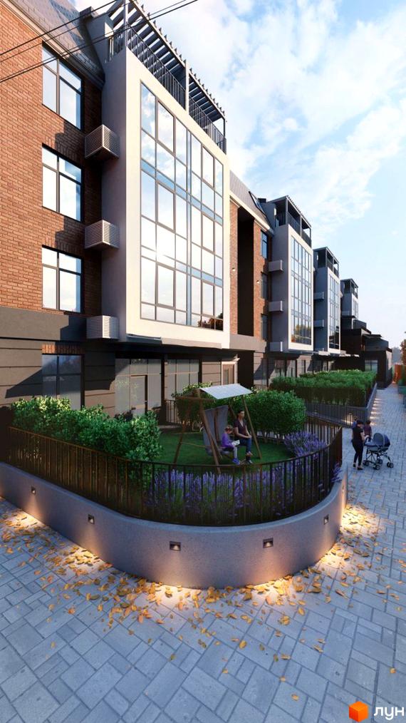 Житловий комплекс Comfort Hall з цегляним фасадом, великими вікнами та зеленою прибудинковою територією зі схилом. На території є дитячий майданчик з гойдалкою та зона відпочинку.