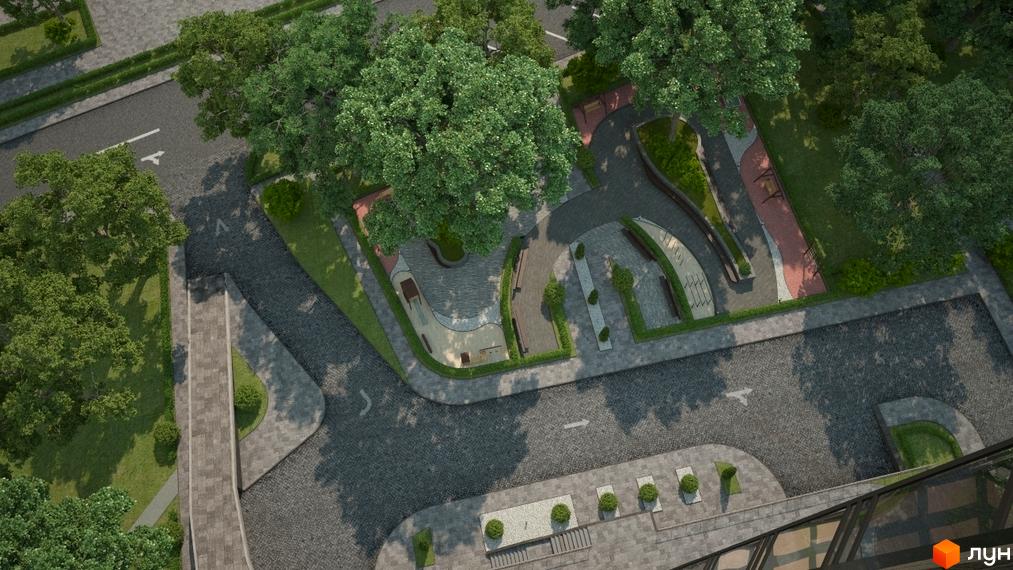 Вид зверху на житловий комплекс Sherwood з прибудинковою територією, зеленими зонами та місцями для відпочинку. Комплекс має сучасний дизайн та зручне планування.