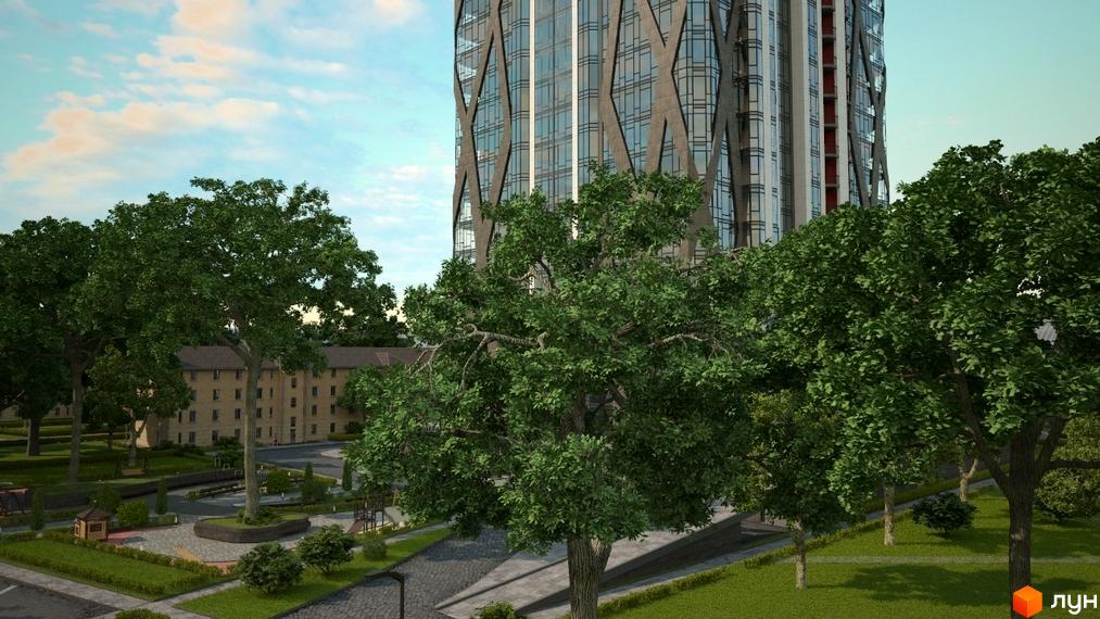 Житловий комплекс Sherwood: висотна новобудова з оригінальним фасадом, оточена зеленим парком з деревами та дитячими майданчиками.