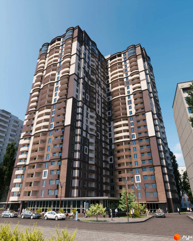 Зовнішній вигляд житлового комплексу Вежі Фонтана з коричнево-білим фасадом та численними балконами. Навколо будинку розташовані дерева, вулиці з автомобілями та пішохідними зонами.