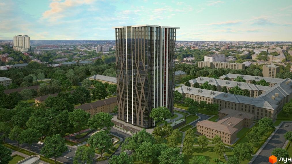 Житловий комплекс Sherwood має вежу з геометричним візерунком на фасаді. Навколо розташовані дерева та низькоповерхова забудова.