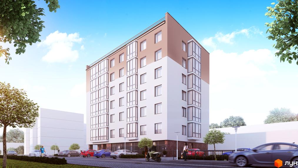 Зовнішній вигляд новобудови на вул. Транспортна, 10, з прибудинковою територією та припаркованими автомобілями.