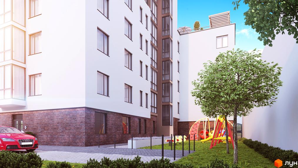 Зовнішній вигляд будинку з цегляним цоколем та дитячим майданчиком поруч. Опис новобудови на вул. Транспортна, 10.