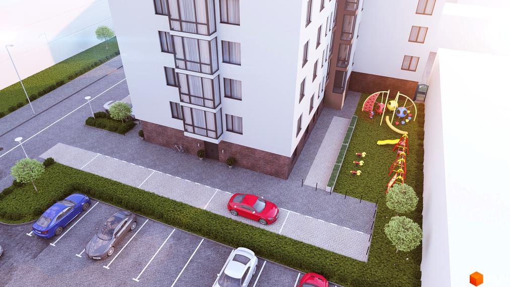 Зовнішній вигляд новобудови на вул. Транспортна, 10, з дитячим майданчиком та паркуванням.