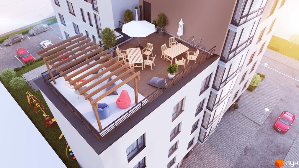 Новобудова на вул. Транспортна, 10 з терасою та зоною відпочинку. На прибудинковій території дитячий майданчик та парковка.