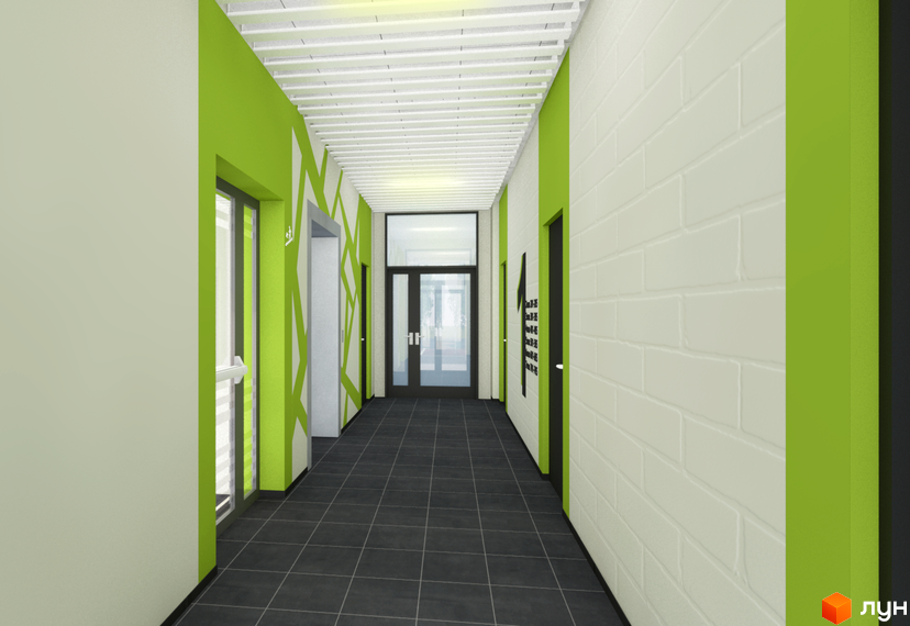 Сучасний коридор новобудови з яскравими зеленими акцентами та плиткою на підлозі. Фото фасаду житлового комплексу.