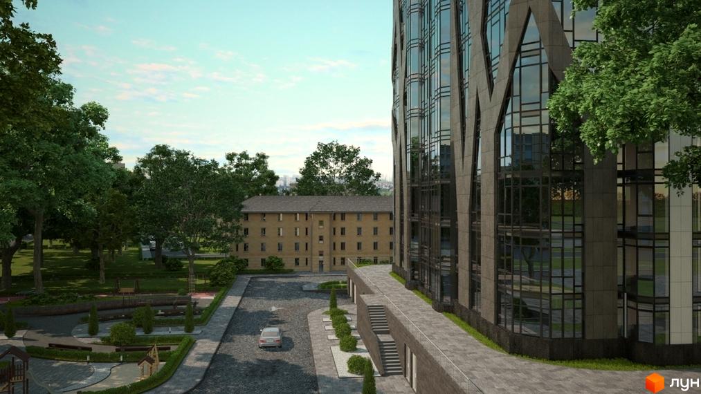 Новобудова ЖК Sherwood з панорамним склінням та унікальним фасадом. Поруч розташований зелений сквер з дитячим майданчиком та місцями для відпочинку.