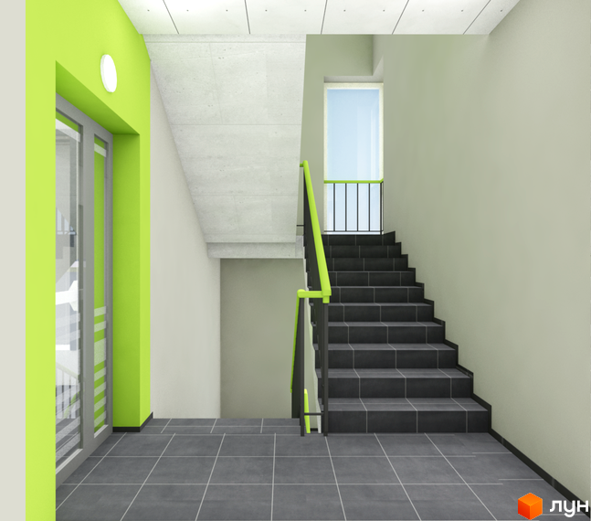 Новобудова на вулиці Транспортна, 10. Вхідна група з яскраво-зеленими елементами та сходи з сірими сходами та зеленими поручнями.