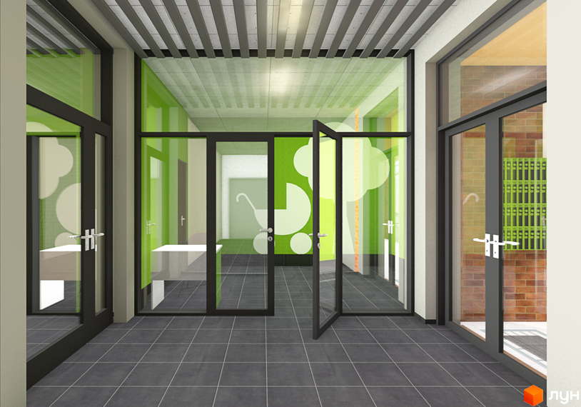 Новобудова на вулиці Транспортна, 10. Сучасний вхід з великими скляними дверима та зеленими елементами декору.