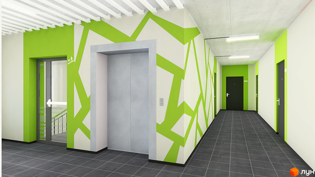 Сучасний коридор з ліфтом та дверима, оздоблений яскравим зеленим візерунком. Фото з житлового комплексу на вул. Транспортна, 10.