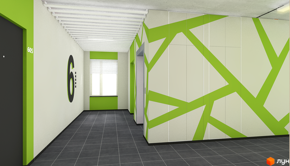 Сучасний дизайн коридору новобудови з великою цифрою 6 на стіні та яскравими зеленими акцентами. Вікно з жалюзі та ліфт створюють функціональний простір.