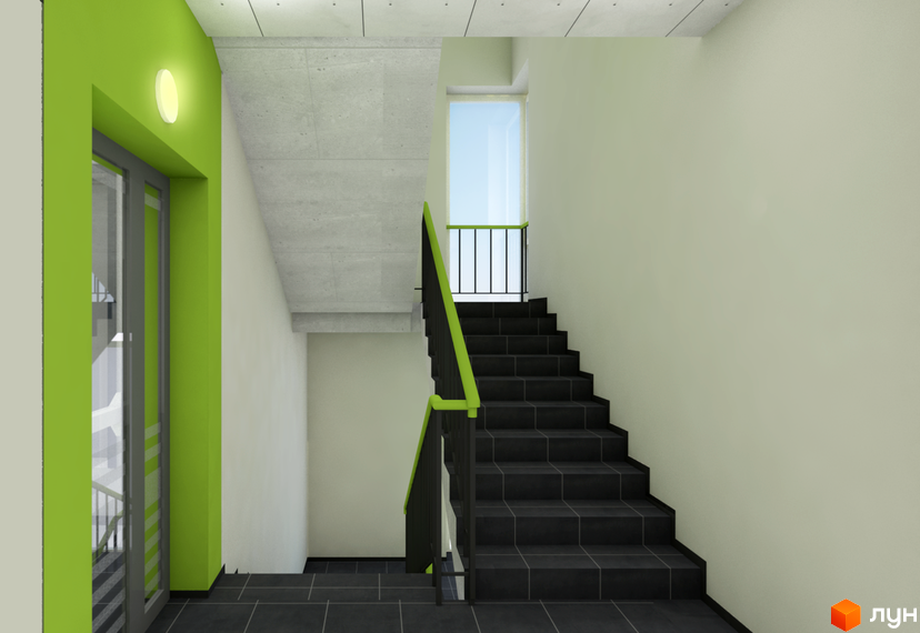 Сучасний під'їзд з ліфтом та сходами в новобудові на вул. Транспортна, 10. Сірі сходи з яскраво-зеленими поручнями ведуть до світлого вікна.