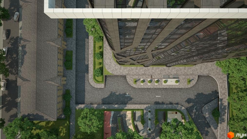 Вид зверху на житловий комплекс Sherwood з сучасною архітектурою та доглянутою прибудинковою територією з деревами та зонами відпочинку.