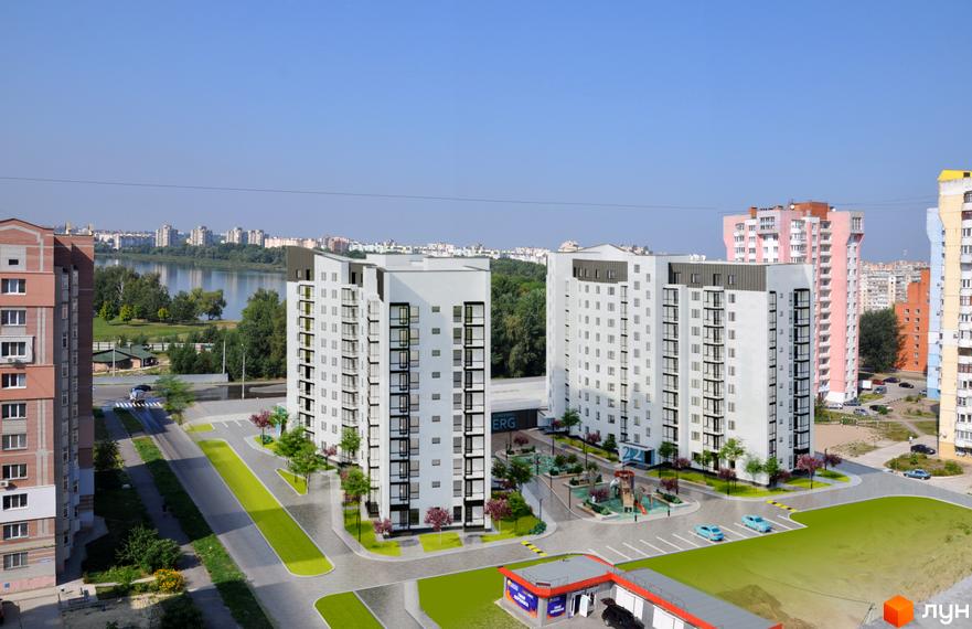 Комплекс Iceberg з білими фасадами та скляними балконами, поруч дитячий майданчик та зелені зони.