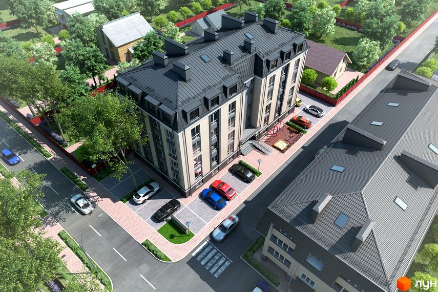 Житловий комплекс Story House - це багатоповерхова будівля з сірим дахом та світлим фасадом, оточена зеленню та автомобілями на парковці.