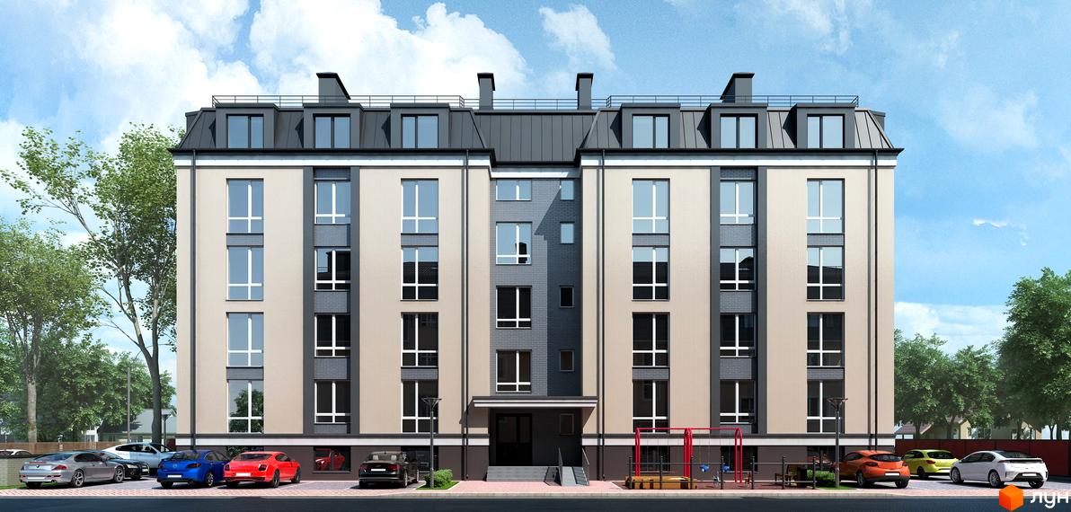 Зовнішній вигляд житлового комплексу Story House з фасадом у світлих тонах та сірою цеглою, вікнами великого розміру. На прибудинковій території розташовані автомобілі та дитячий майданчик.