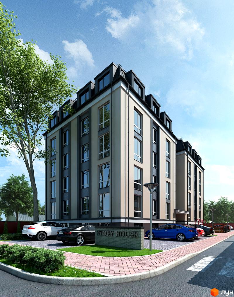 Новобудова Story House з сірими та бежевими фасадами, великими вікнами та темним дахом. На прибудинковій території розташовані паркомісця та зелені насадження.