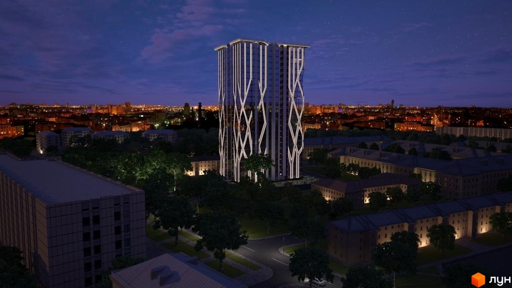 Нічний вид на житловий комплекс Sherwood з унікальним фасадом, що нагадує переплетені стовбури дерев. Навколо комплексу зелені насадження та міський пейзаж.