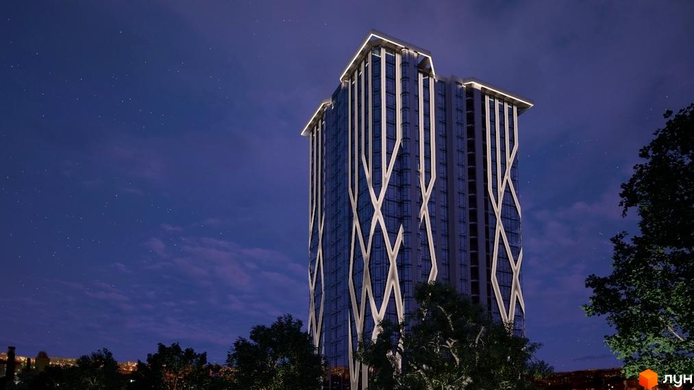 Житловий комплекс Sherwood вночі. Сучасна архітектура висотної будівлі з підсвіченими фасадами та скляними вікнами на тлі зоряного неба. Навколо зелені дерева та міські вогні.