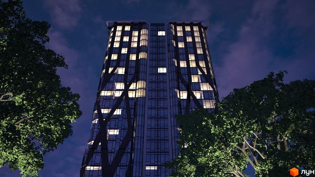 Нічний вигляд житлового комплексу Sherwood з підсвіченими вікнами та дерев. Сучасна архітектура будівлі з скляним фасадом та оригінальним дизайном.