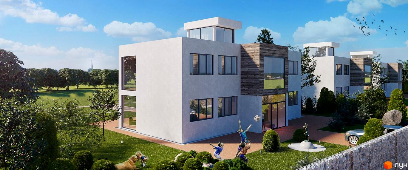 Котеджне містечко КМ River Garden з білими фасадами, дерев'яними елементами та великими вікнами. На прибудинковій території зелений газон, дерева та діти, що грають у м'яч.