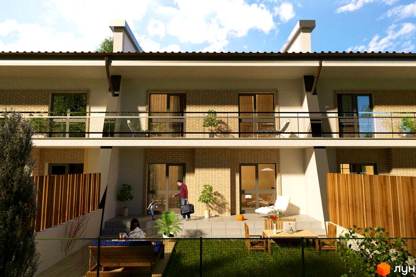 Таунхауси IF Village з цегляним фасадом та балконами. На прибудинковій території розташовані тераси, зелень та зони відпочинку.