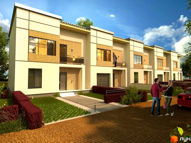 Таунхауси IF Village – це двоповерхові будинки з цегляним фасадом та балконами, розташовані на доглянутій прибудинковій території з газоном та кущами.