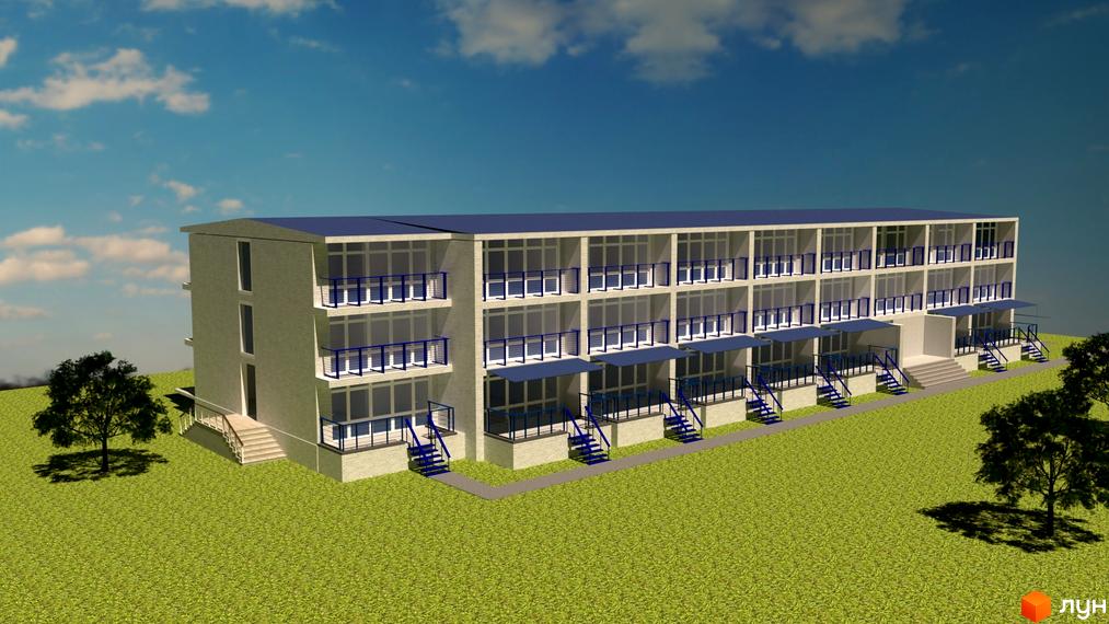 Апарт-комплекс Petrovets - триповерхова будівля з балконами та сходами, розташована на зеленій ділянці з деревами.