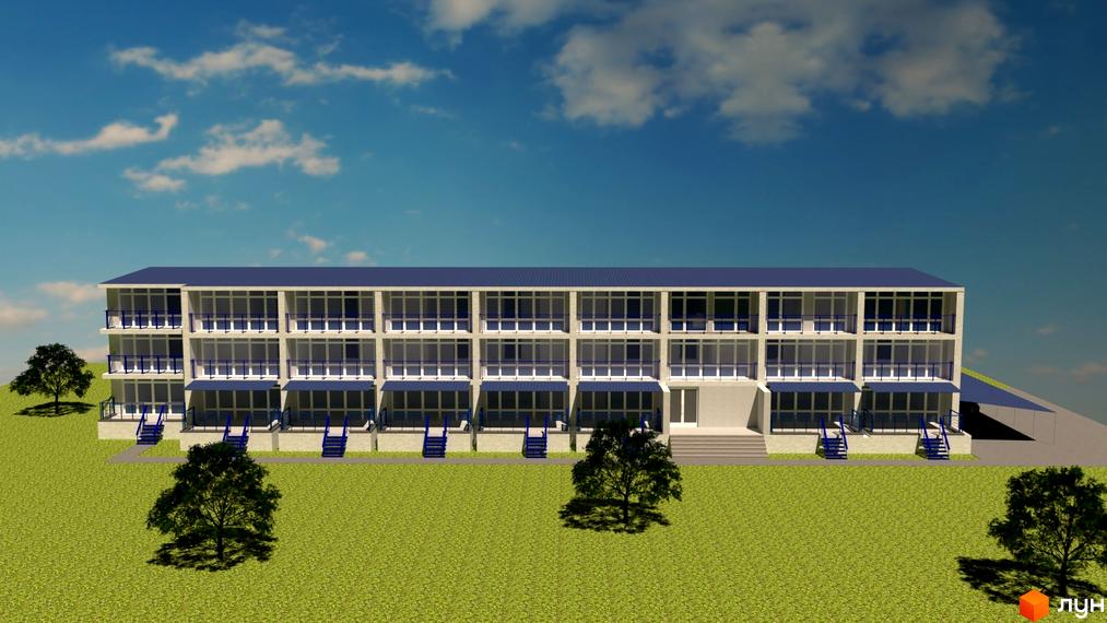 Апарт-комплекс Petrovets має три поверхи з балконами та великими вікнами, розташований на зеленій ділянці з деревами.