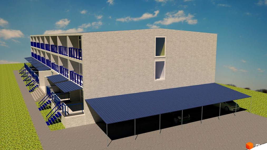 Апарт-комплекс Petrovets - це триповерхова цегляна будівля з балконами та відкритими сходовими маршами, з навісами для паркування автомобілів.