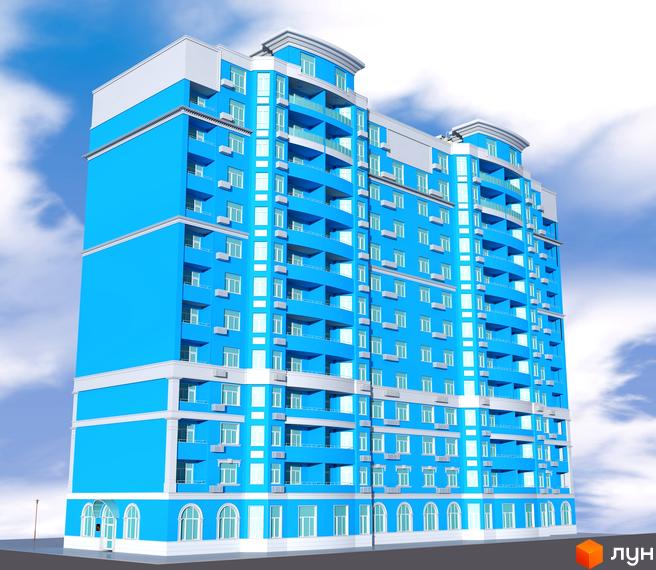 Житловий комплекс Дом на Строителей - яскрава синя новобудова з білими елементами та численними балконами. Будинок має багатоповерхову структуру з арочними вікнами на першому поверсі.