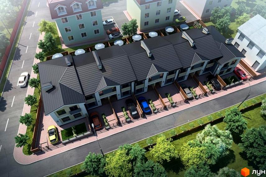 Зовнішній вигляд таунхаусів Way Home з сірими дахами та прибудинковою територією з зеленими насадженнями. Огляд житлового комплексу з машинами біля будинків.