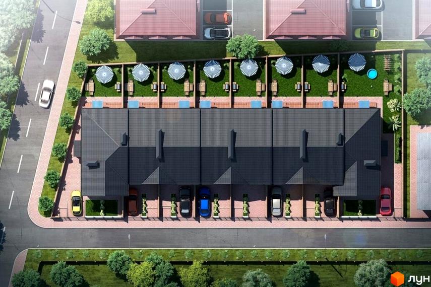 Таунхауси Way Home з сірими дахами та паркувальними місцями. Прибудинкова територія з газоном, парасолями та зонами відпочинку.