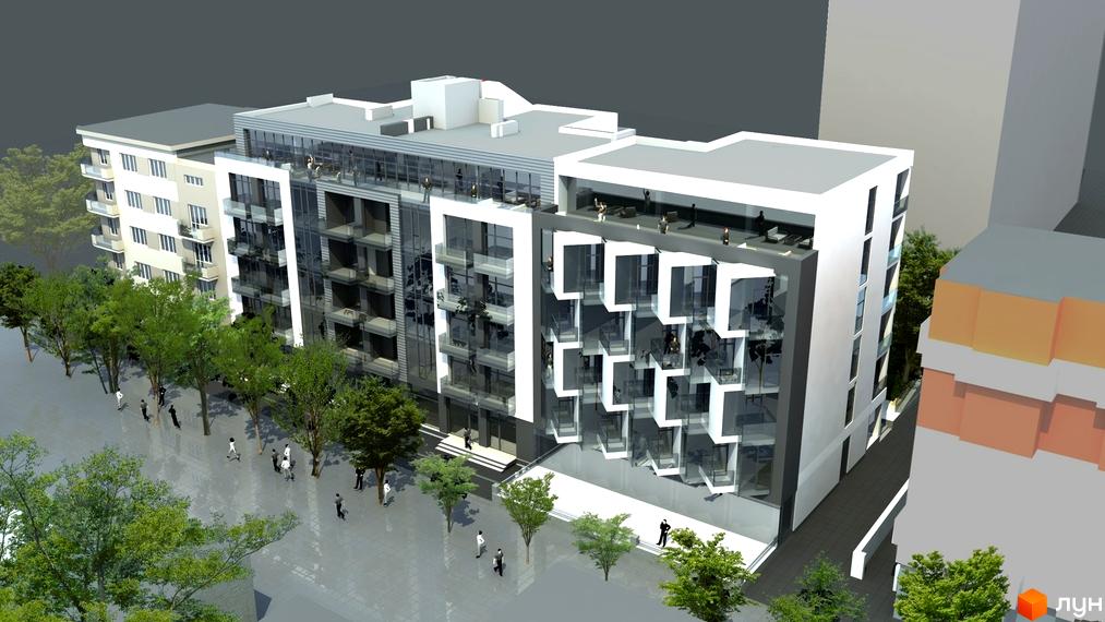 Зовнішній вигляд житлового комплексу Shevchenko II з сучасними балконами та великими вікнами, оточений зеленими деревами та людьми на вулиці.