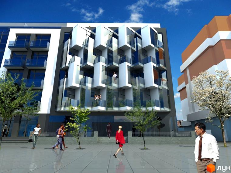 Житловий комплекс Shevchenko II з унікальною фасадною архітектурою та скляними балконами. Навколо новобудови зелені дерева та пішохідна зона з людьми.