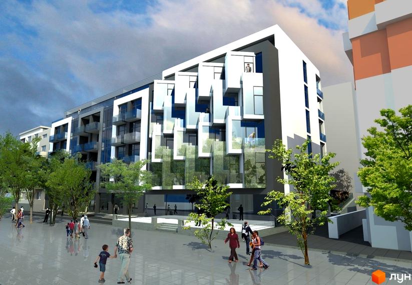 Житловий комплекс Shevchenko II має унікальний фасад з виступаючими скляними блоками та балконами. Навколо комплексу розташовані дерева та пішохідна зона з людьми.