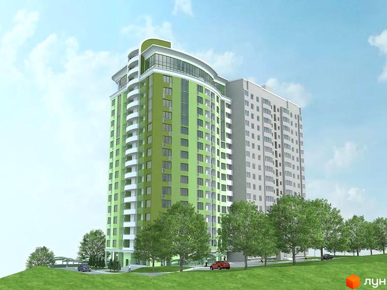 Зовнішній вигляд житлового комплексу Волгоградський з зеленим фасадом та сірою частиною. Навколо будинку зелена територія з деревами та дорогою.