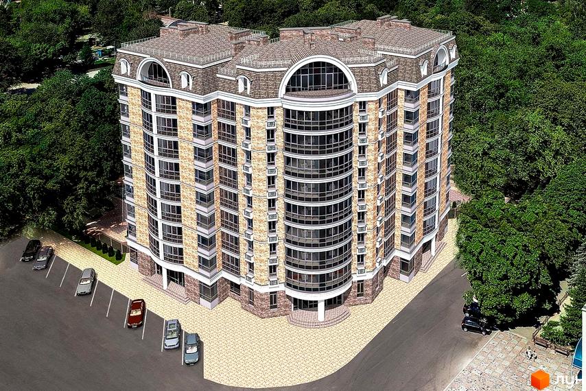 Зовнішній вигляд житлового комплексу City Park з цегляним фасадом та скляним еркером. Навколо комплексу зелені дерева та парковка з автомобілями.