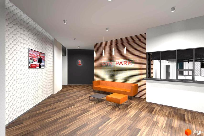 Сучасний хол житлового комплексу City Park з диваном та журнальними столиками. На стіні телевізор з новинами та декоративне панно.