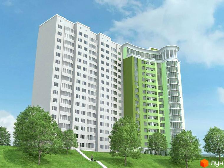 Житловий комплекс Волгоградський - висотна будівля з білою та зеленою секціями, розташована на схилі пагорба з деревами.