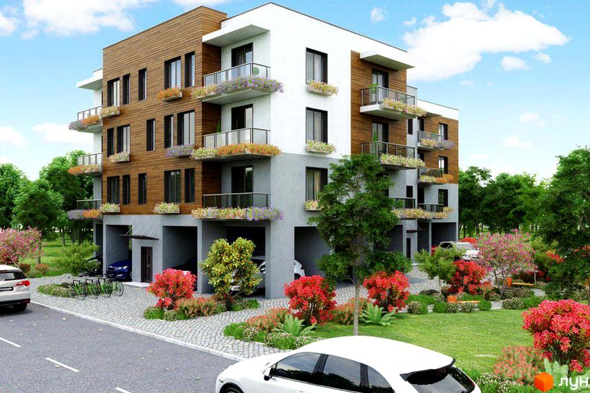 Новобудова ЖК Княжий з дерев'яними фасадами, балконами з квітами та прибудинковою територією з деревами та кущами.